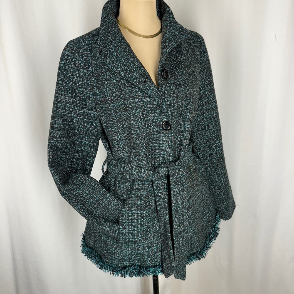 Milena Nicole Collection Teal Black Tweed Belted Jacket Coat Size 10 NWOT - Picture 2 of 15